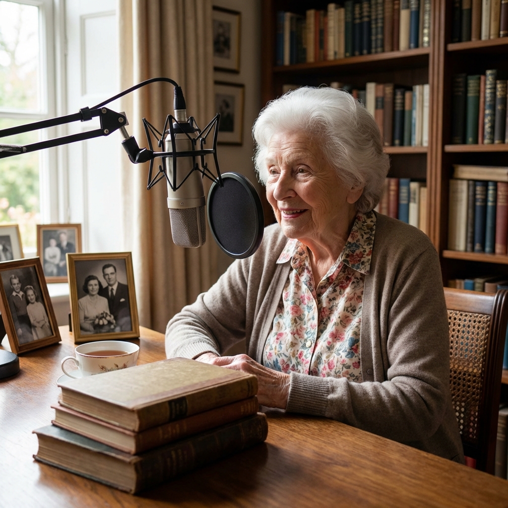 Une dame enregistre ses souvenirs entourée de ses photos de famille